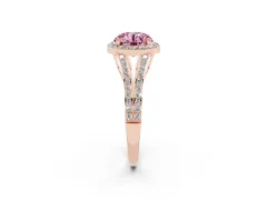 Fancy Pink Round Cut Diamond Halo Split Shank Ring Set in Rose gold with Accent Stones and Prong Setting