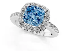 Fancy Blue Cushion Cut Diamond Pavé Halo Ring Set in White gold with Prong Setting