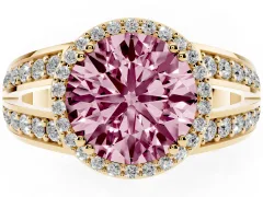 Fancy Pink Round Cut Diamond Halo Ring Set in Yellow gold with Double Pavé Split Shank