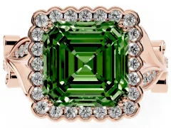 Fancy Green Asscher Cut Diamond Halo Ring Set in Rose gold with Leaf Motif Split Shank and Prong Setting