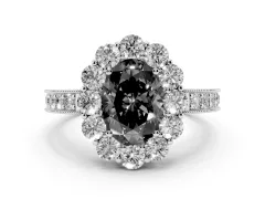 Fancy Black Oval Cut Diamond Halo Pavé Engagement Ring Set in Platinum with Milgrain Detailing