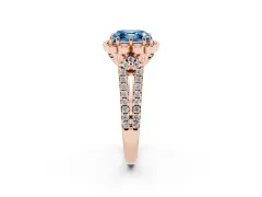 Fancy Blue Asscher Cut Diamond Floral Halo Split Shank Engagement Ring Set in Rose gold with Pavé Shank