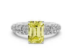 Fancy Yellow Emerald Cut Diamond Pavé Band Solitaire Ring Set in White gold with Close-Set Accent Stones and Prong Setting