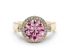 Fancy Pink Round Cut Diamond Halo Ring Set in Yellow gold with Pavé-Lined Split Shank Band