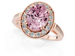 Fancy Pink Oval Cut Diamond Halo Ring Set in Rose gold with Accent-Lined Split Shank and Prong Setting