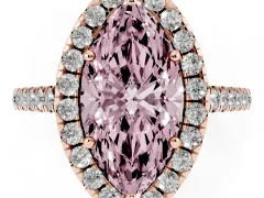 Fancy Pink Marquise Cut Diamond Pavé Halo Engagement Ring Set in Rose gold with Pavé Band and Prong Setting