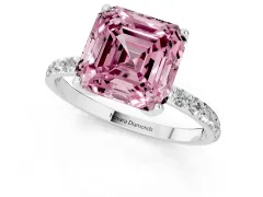 Fancy Pink Asscher Cut Diamond Solitaire Engagement Ring Set in White gold with Round Pavé Band and Prong Setting
