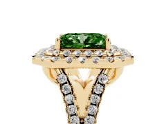 Fancy Green Radiant Cut Diamond Double Halo Ring Set in Yellow gold with Pavé Split Shank and Prong Setting