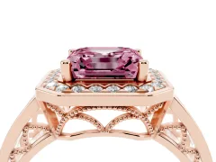 Fancy Pink Asscher Cut Diamond Halo Ring Set in Rose gold with Pavé and Bezel Accent Split Shank