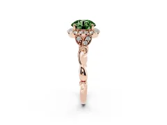 Fancy Green Round Cut Diamond Halo Engagement Ring Set in Rose gold with Vintage-Inspired Band and Prong Setting