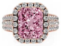 Fancy Pink Radiant Cut Diamond Halo Ring Set in Rose gold with Pavé Band and Raised Center Setting