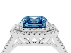 Fancy Blue Asscher Cut Diamond Double Halo Ring Set in Platinum with Pavé Band