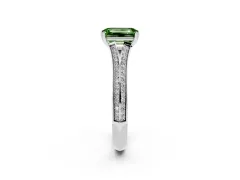 Fancy Green Emerald Cut Diamond Split Shank Pavé Engagement Ring Set in White gold with Prong-Set Center Stone