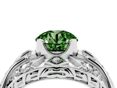 Fancy Green Round Cut Diamond Art Deco Ring Set in White gold with Pavé Split Shank