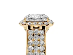Radiant Cut Diamond Halo Ring Set in Yellow gold with Pavé Band and Raised Center Setting