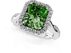 Fancy Green Radiant Cut Diamond Halo Twist Band Solitaire Ring Set in White gold with Prong Setting