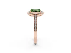 Fancy Green Emerald Cut Diamond Halo Ring Set in Rose gold with Pavé-Lined Shoulders and Prong Setting