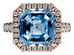 Fancy Blue Asscher Cut Diamond Halo Engagement Ring Set in Rose gold with Pavé Band and Prong-Set Center