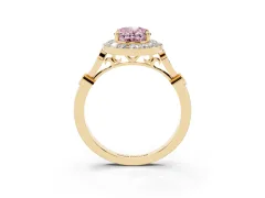 Fancy Pink Oval Cut Diamond Halo Engagement Ring Set in Yellow gold with Twisted Band and Prong Setting