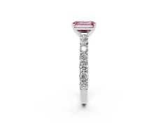 Fancy Pink Emerald Cut Diamond Solitaire Ring Set in Platinum with Shared Prong Pavé Band