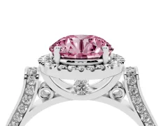 Fancy Pink Round Cut Diamond Halo Ring Set in Silver with Pavé-Lined Split Shank Band