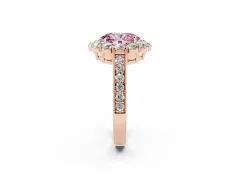 Fancy Pink Oval Cut Diamond Halo Pavé Engagement Ring Set in Rose gold with Milgrain Detailing