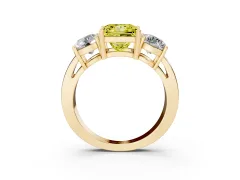 Fancy Yellow Princess Cut Diamond Three-Stone Ring Set in Yellow gold with Round Side Stones and Classic Band