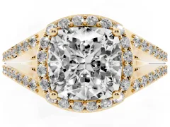 Cushion Cut Diamond Halo Split Shank Pavé Ring Set in Yellow gold with Prong Setting