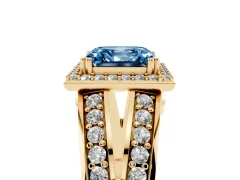 Fancy Blue Asscher Cut Diamond Halo Ring Set in Yellow gold with Double Pavé Split Shank