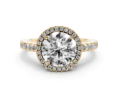 Round Cut Diamond Halo Ring Set in Yellow gold with Pavé Shoulders and Halo-Framed Center