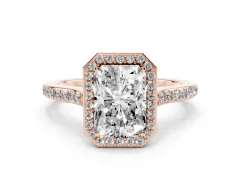 Radiant Cut Diamond Halo Engagement Ring Set in Rose gold with Round Pavé Shoulders and Heart Gallery