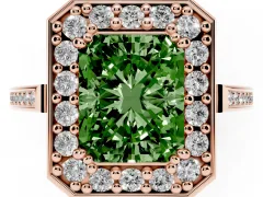 Fancy Green Radiant Cut Diamond Halo Ring Set in Rose gold with Accent-Lined Split Shank and Prong Setting