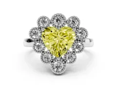 Fancy Yellow Heart Cut Diamond Cluster Halo Ring Set in Silver with Milgrain Bezel Accents and Plain Band