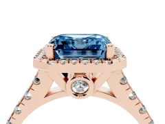 Fancy Blue Asscher Cut Diamond Halo Engagement Ring Set in Rose gold with Pavé Band and Prong-Set Center