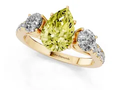 Fancy Yellow Pear Cut Diamond Three-Stone Ring Set in Yellow gold with Round Side Stones and Delicate Pavé Band