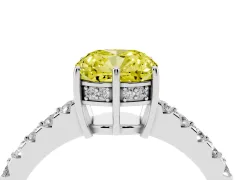 Fancy Yellow Cushion Cut Diamond Solitaire Engagement Ring Set in White gold with Pavé Band and Prong Setting