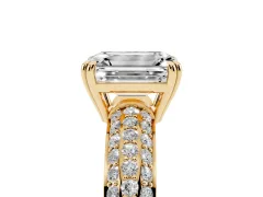 Emerald Cut Diamond Solitaire Ring Set in Yellow gold with Multi-Row Round Pavé Band and Prong Setting