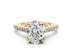 Oval Cut Diamond Solitaire Ring Set in Yellow gold with Brilliant Pavé Band and Prong Setting
