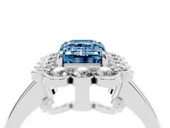 Fancy Blue Emerald Cut Diamond Halo Cluster Engagement Ring Set in Platinum with Solitaire Band and Prong Setting