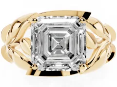 Asscher Cut Diamond Leaf-Inspired Engagement Ring Set in Yellow gold with Round Accents