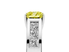 Fancy Yellow Cushion Cut Diamond Solitaire Ring Set in White gold with Channel-Set Accent Stones and Prong Setting