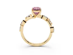 Fancy Pink Radiant Cut Diamond Solitaire Ring Set in Yellow gold with Twisted Marquise Accent Band
