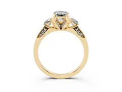 Fancy Green Emerald Cut Diamond Three-Stone Ring Set in Yellow gold with Pavé Band and Smaller Side Stones