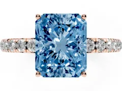 Fancy Blue Radiant Cut Diamond Pavé Solitaire Engagement Ring Set in Rose gold with Prong Setting