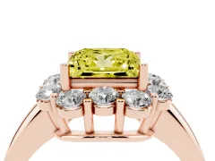 Fancy Yellow Princess Cut Diamond Milgrain Halo Solitaire Ring Set in Rose gold with Bezel Set Side Stones and Pavé Band