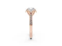 Cushion Cut Diamond Halo Ring Set in Rose gold with Channel Set Band and Prong Setting