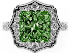 Fancy Green Princess Cut Diamond Halo Engagement Ring Set in White gold with Milgrain Band and Prong Setting