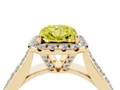 Fancy Yellow Radiant Cut Diamond Halo Ring Set in Yellow gold with Pavé Band and Raised Center Setting