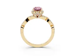 Fancy Pink Radiant Cut Diamond Halo Twist Band Solitaire Ring Set in Yellow gold with Prong-Set Center Stone