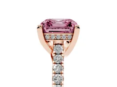 Fancy Pink Asscher Cut Diamond Solitaire Ring Set in Rose gold with Brilliant Pavé Band and Prong Setting